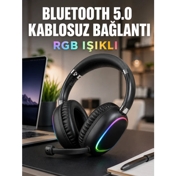 Bluetooth 5.0 Kablosuz Kulak Üstü Kulaklık Mikrofonlu RGB Aydınlatmalı