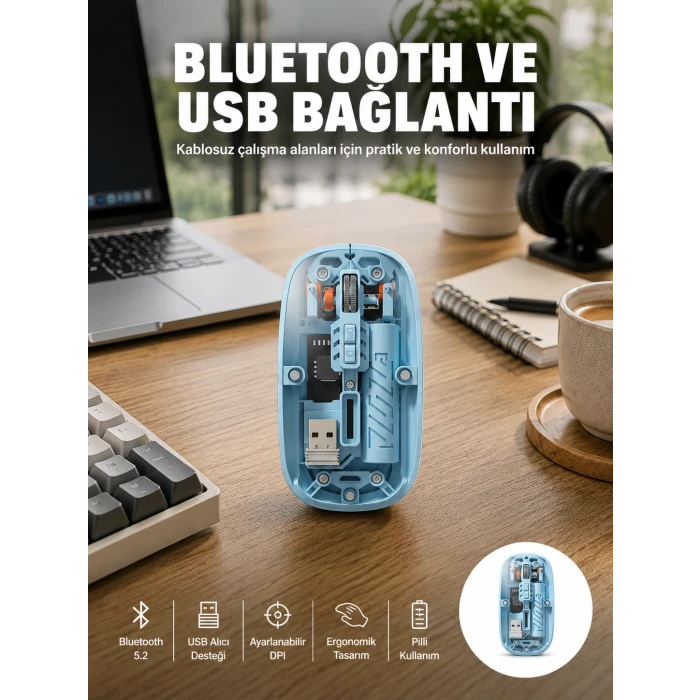 Bluetooth 5.2 Destekli Mavi Pilli Kablosuz Mouse Yeni Nesil