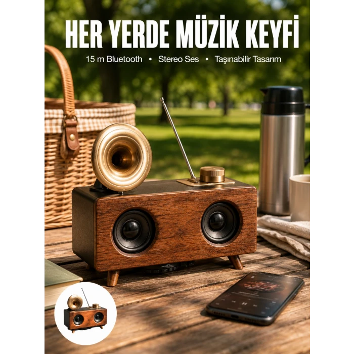 Bluetooth Hoparlör Ahşap Klasik Retro Gramofon Bluetooth Müzik Kutusu