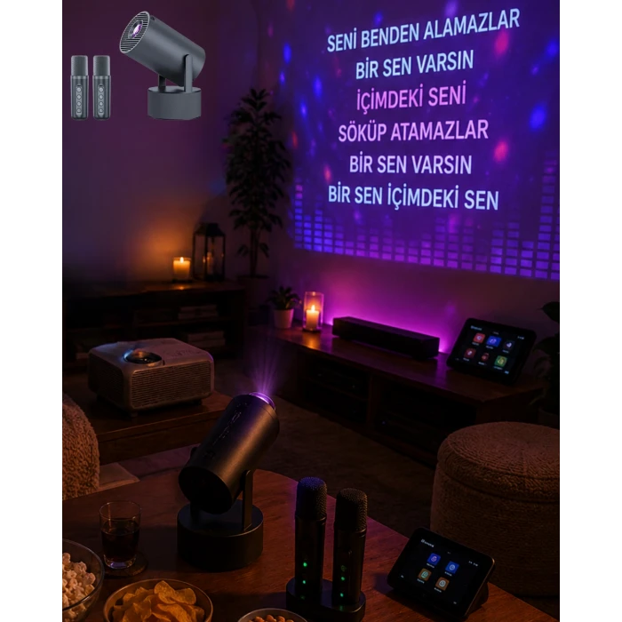 Bluetooth Hoparlörlü Akıllı Projektör Kablosuz Karaoke Mikrofonlu