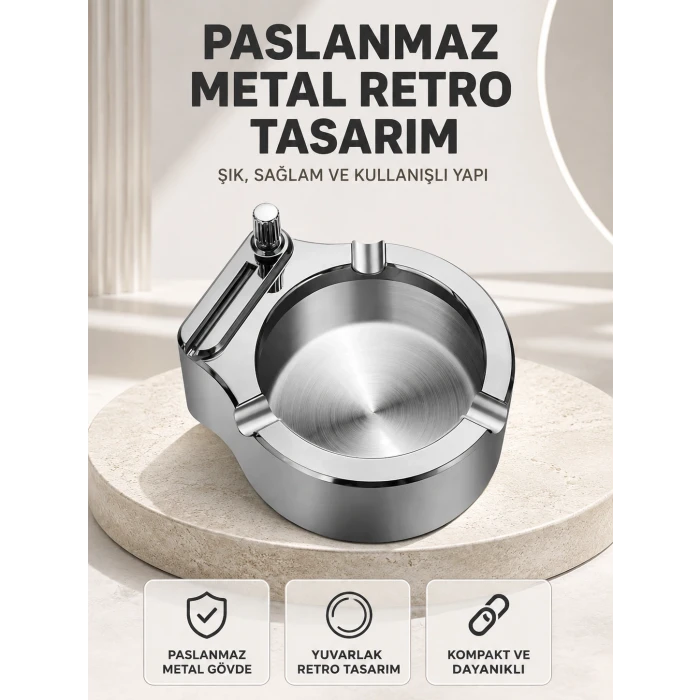 Çakmaklı Küllük Paslanmaz Metal Yuvarlak Tasarım