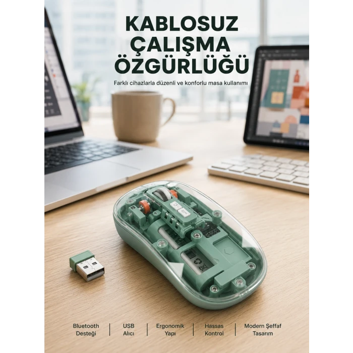 Çift Mod Bağlantılı Kablosuz Mouse Bluetooth ve USB Alıcılı Yeni Nesil
