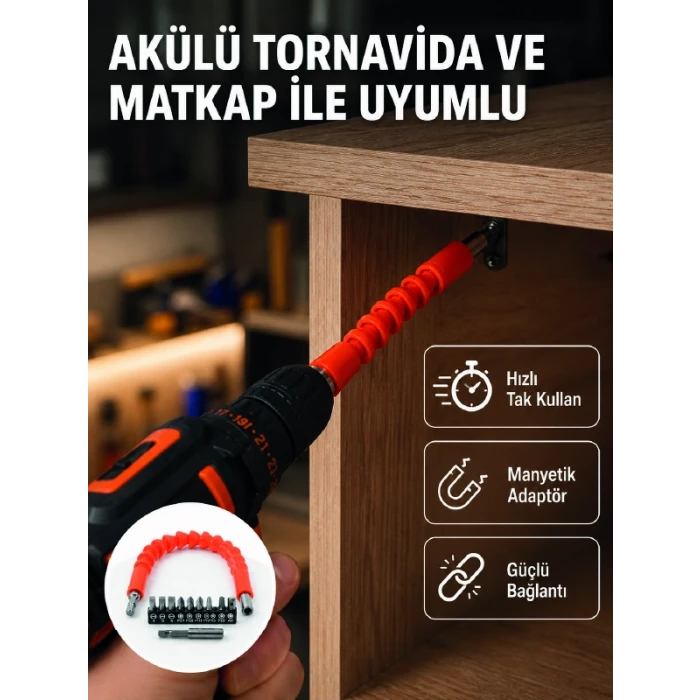 Esnek Bits Uç Seti 12 Parça Manyetik Adaptörlü Matkap Tornavida Aksesuarı
