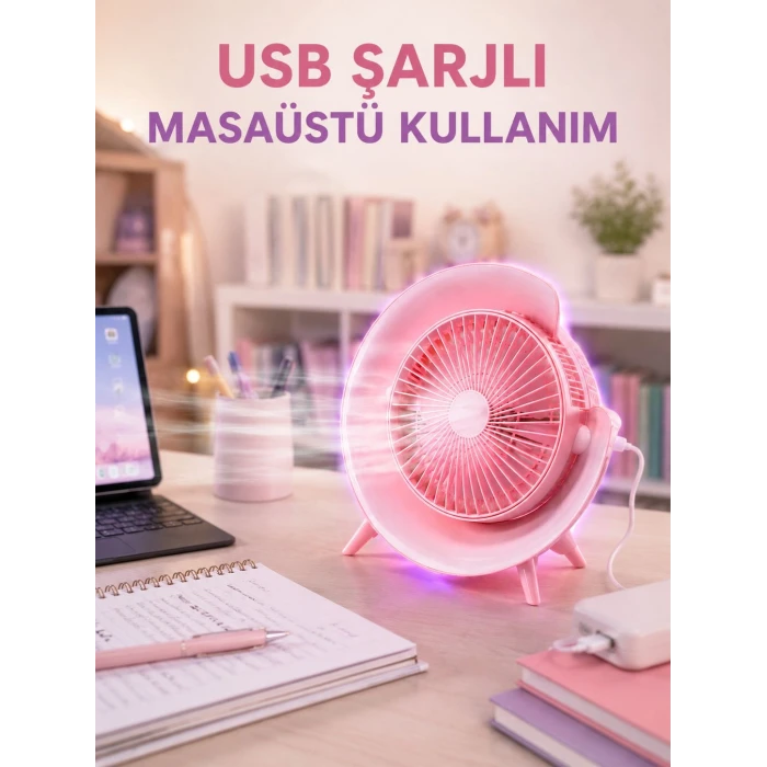 Gece Lambası Özellikli Şarjlı Mini Masaüstü Fan