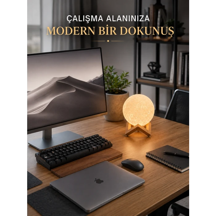 Gerçekçi Ay Dokulu Dekoratif Gece Lambası USB Şarjlı Ay Işığı
