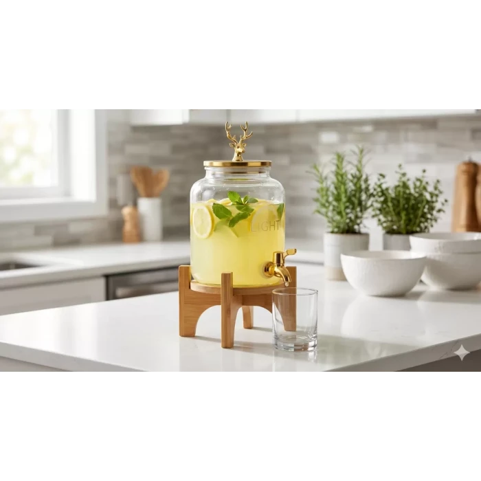 Geyik Figürlü Gold Lüks Cam İçecek Sebili - 3.6 Litre Bambu Standlı Meyve Suyu Kovası