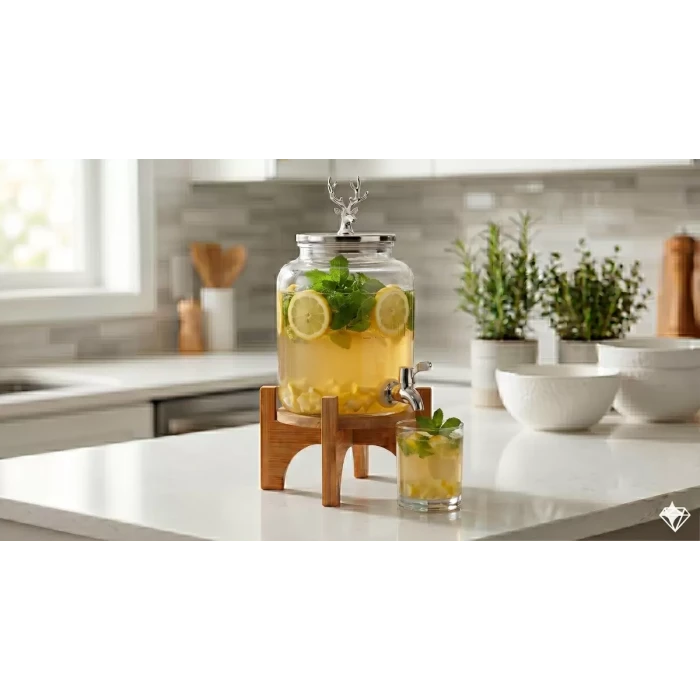 Geyik Figürlü Gümüş Lüks Cam İçecek Sebili - 3.6 Litre Bambu Standlı Meyve Suyu Kovası