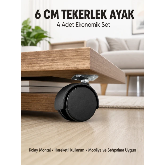 Halı ve Beton Uyumlu Kilitsiz Mobilya Tekerleği 4’lü