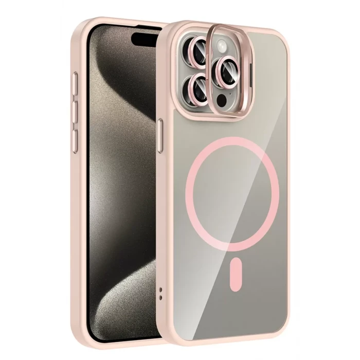 Joko Apple iPhone 15 Pro Max Remim Lensli Magsafe Standlı Kapak - Pembe