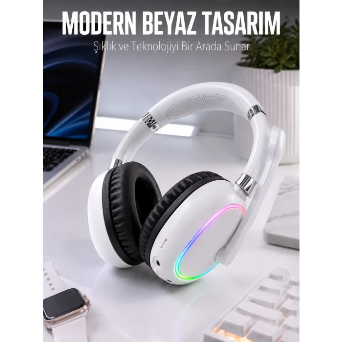 Kablosuz Bluetooth Mikrofonlu Beyaz Kulaklık RGB Işıklı