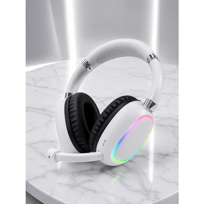 Kablosuz Bluetooth Mikrofonlu Beyaz Kulaklık RGB Işıklı