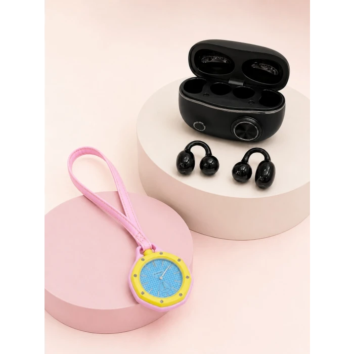 Kablosuz Kulaklık ve Pembe Askılı Çanta Charm Analog Saat Kampanya Seti