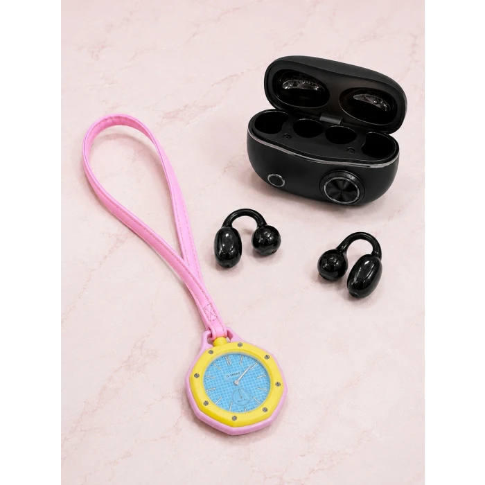 Kablosuz Kulaklık ve Pembe Askılı Çanta Charm Analog Saat Kampanya Seti