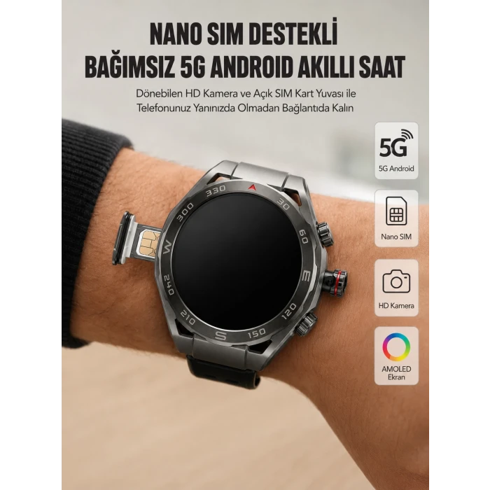 Kameralı 5G Android Akıllı Saat AMOLED Ekran Wi-Fi GPS SIM Kart Destekli