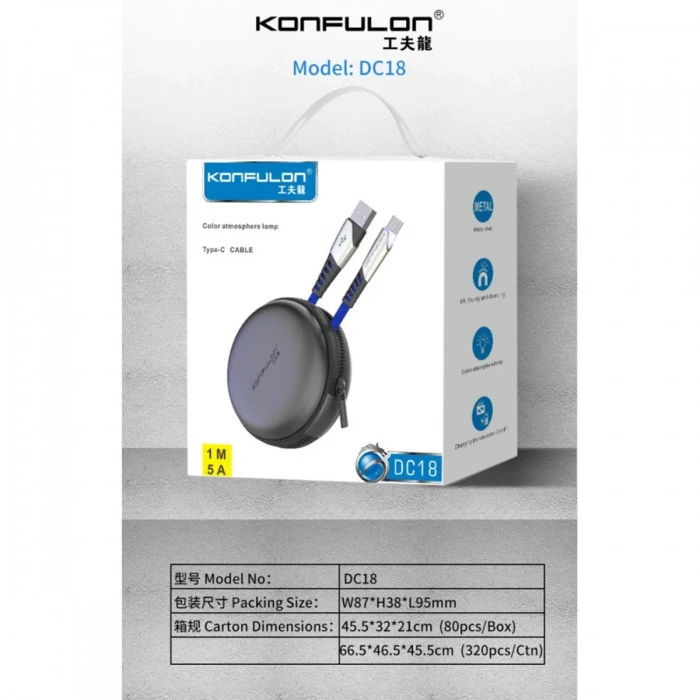 Konfulon DC18 Type-C Kablo 1M 5A - Mavi