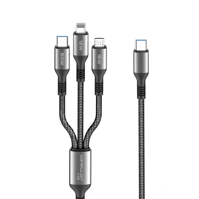 Konfulon DC62 3in1 Type-C to 60W Type-C / 12W Lightning / 15W Micro 1.2M Hızlı Şarj Kablo - Siyah