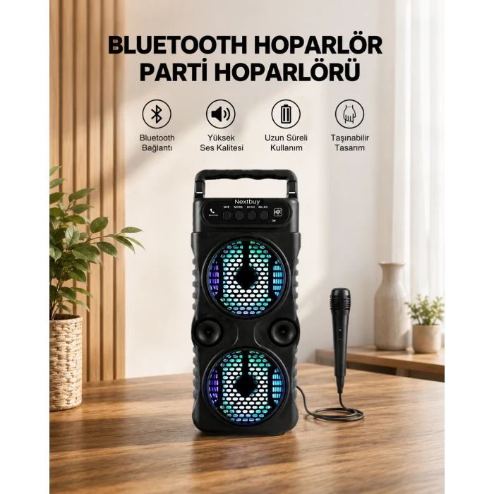 LED Işıklı Bluetoothlu Hoparlör Mikrofonlu Taşınabilir Ses Sistemi