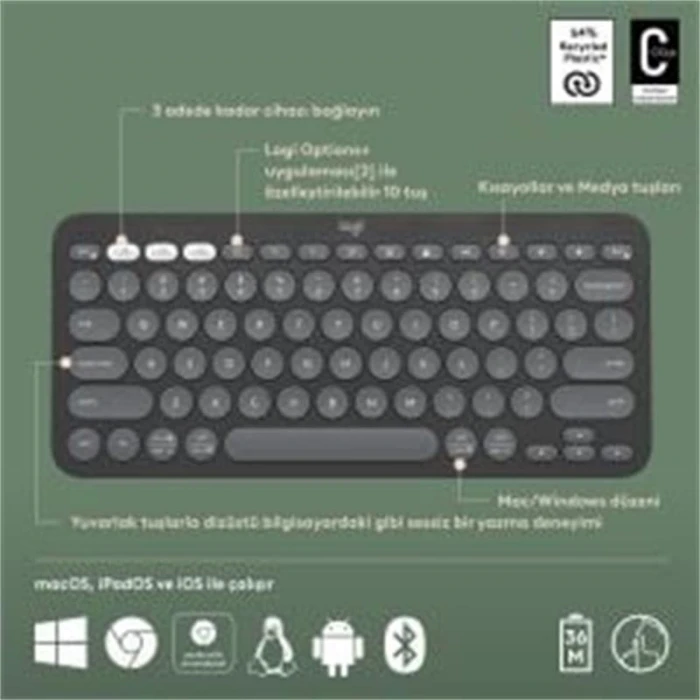 K380S 2 ÇOKLU CİHAZ ÖZELLİKLİ BLUETOOTH TÜRKÇE Q KLAVYE GRİ 920-011859