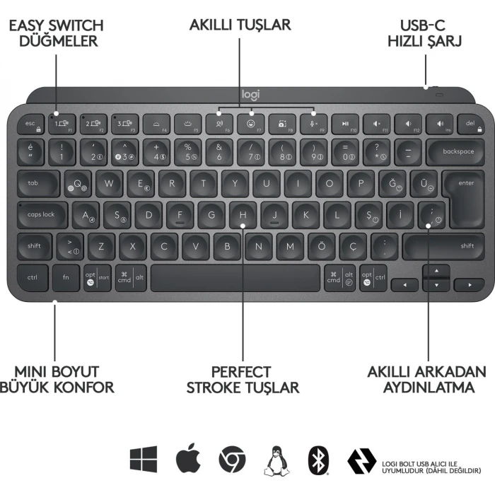 MINI MINIMALIST KABLOSUZ BLUETOOTH AYDINLATMALI Q TR KLAVYE SİYAH 920-010504
