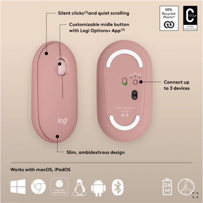 PEBBLE 2 M350S KABLOSUZ BLUETOOTH SESSİZ OPTİK MOUSE PEMBE 910-007014