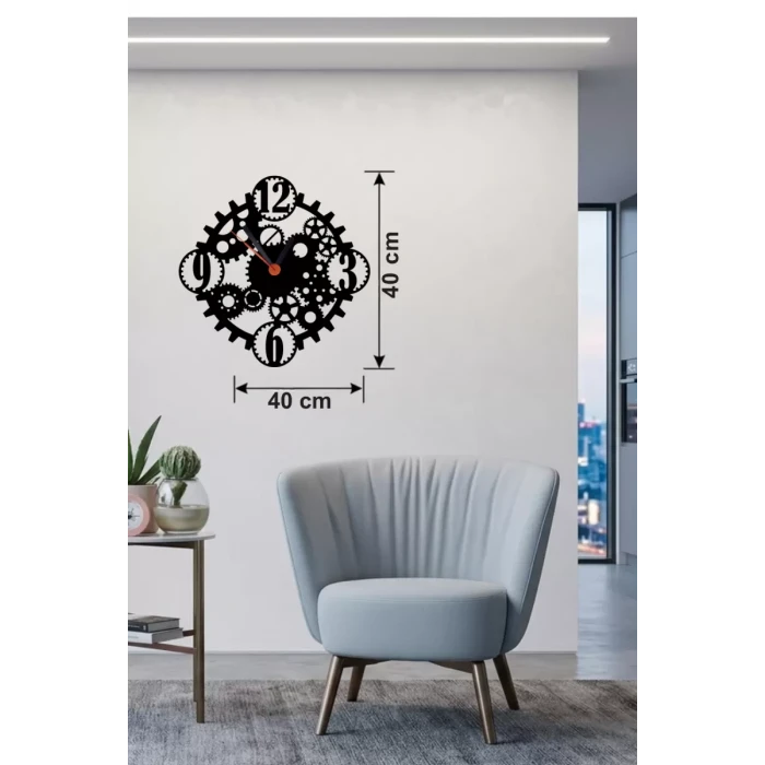 Mekanik Dişli Çark Tasarım Ahşap Duvar Saati - 40x40 cm Steampunk Dekor