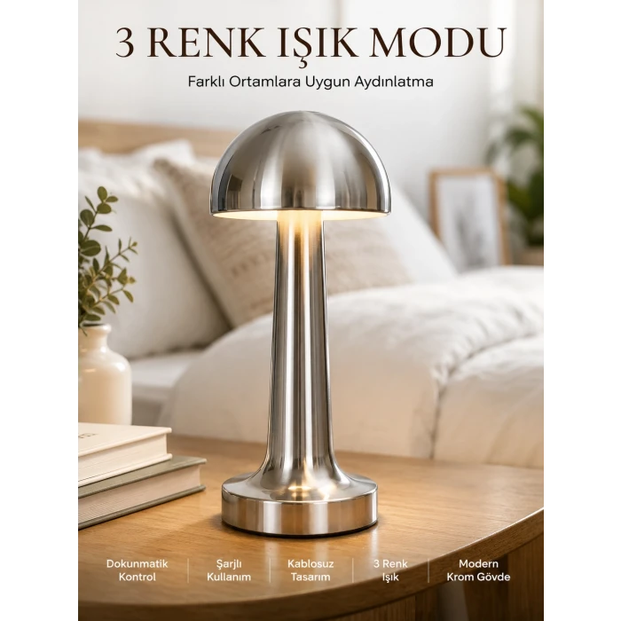 Modern Mantar Masa Lambası Dokunmatik 3 Işık Modlu Şarjlı Kablosuz LED Yeni Nesil