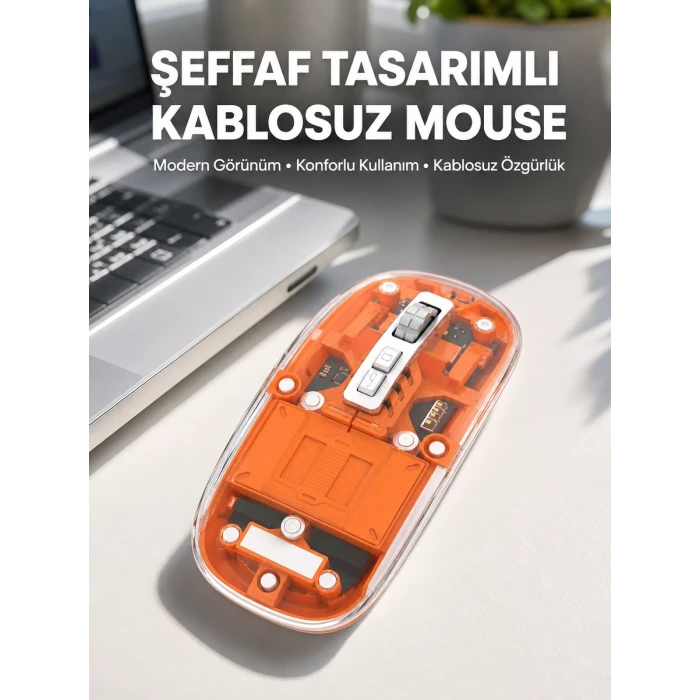 Mouse Fare Kablosuz Mouse Fare Şarjlı Bluetooth Sessiz 5 Tuşlu Şeffaf