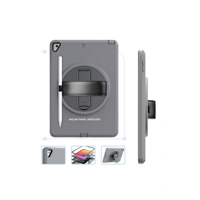 Newface Apple iPad 10.2 (7.nesil) Kılıf Hand Strap Tablet Kılıfı - Gri