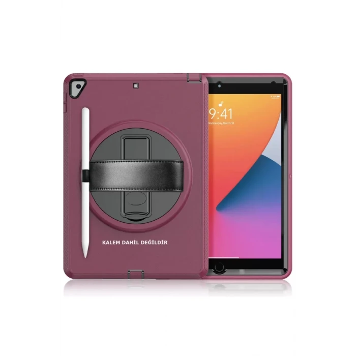 Newface Apple iPad 10.2 (7.nesil) Kılıf Hand Strap Tablet Kılıfı - Mürdüm