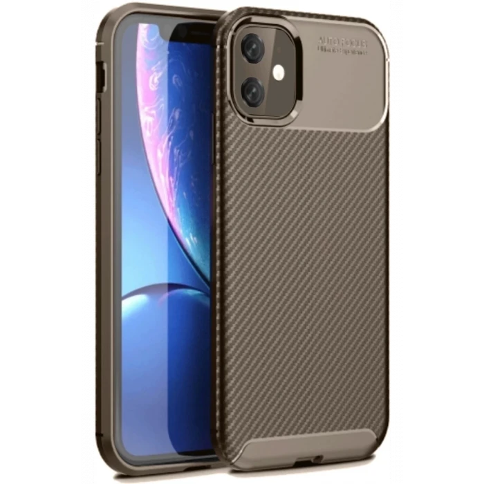 Newface Apple iPhone 11 Kılıf Auto Focus Karbon Kapak - Kahverengi