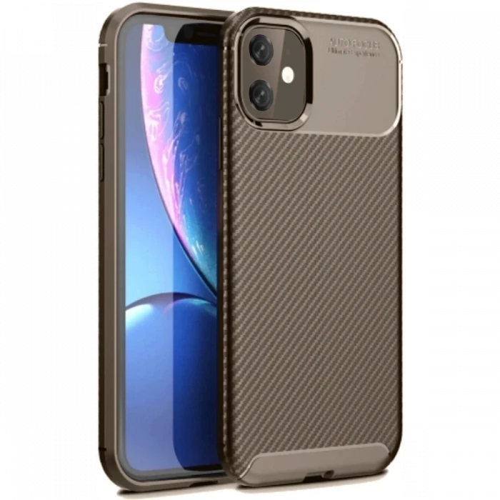 Newface Apple iPhone 11 Kılıf Auto Focus Karbon Kapak - Kahverengi