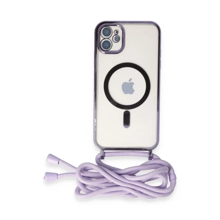 Newface Apple iPhone 11 Kılıf Divo Lazer Askılı Magsafe Kapak - Lila