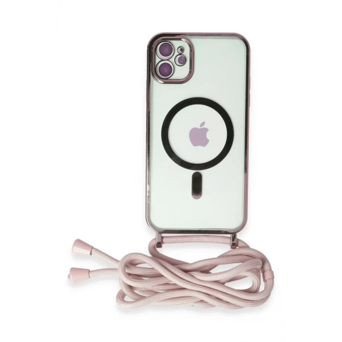 Newface Apple iPhone 11 Kılıf Divo Lazer Askılı Magsafe Kapak - Pembe