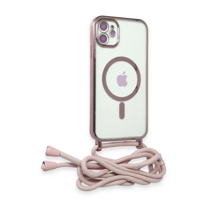 Newface Apple iPhone 11 Kılıf Divo Lazer Askılı Magsafe Kapak - Pembe