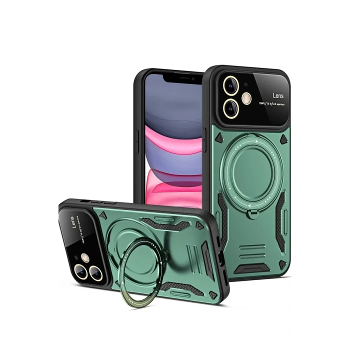 Newface Apple iPhone 11 Kılıf Joy Lens Standlı Kapak - Koyu Yeşil