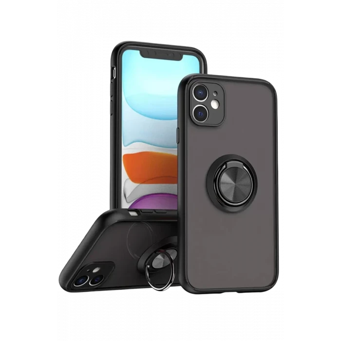 Newface Apple iPhone 11 Kılıf Montreal Yüzüklü Silikon Kapak - Siyah