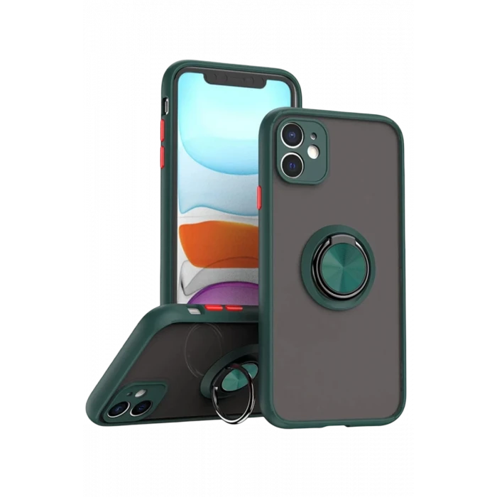 Newface Apple iPhone 11 Kılıf Montreal Yüzüklü Silikon Kapak - Yeşil