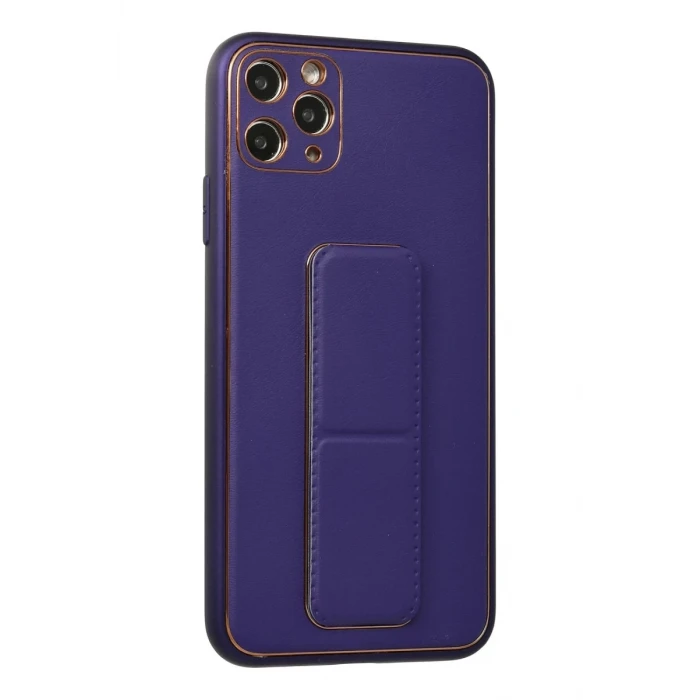 Newface Apple iPhone 11 Pro Max Kılıf Coco Deri Standlı Kapak - Mor