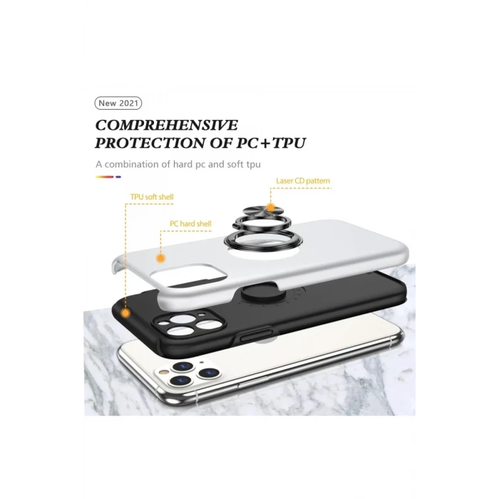 Newface Apple iPhone 11 Pro Max Kılıf Elit Yüzüklü Kapak - Gümüş