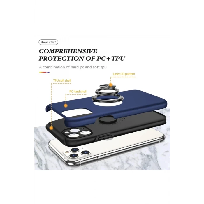 Newface Apple iPhone 11 Pro Max Kılıf Elit Yüzüklü Kapak - Lacivert