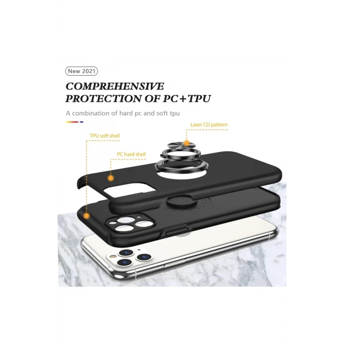Newface Apple iPhone 11 Pro Max Kılıf Elit Yüzüklü Kapak - Siyah