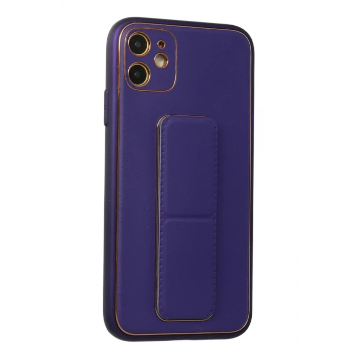 Newface Apple iPhone 12 Kılıf Coco Deri Standlı Kapak - Mor