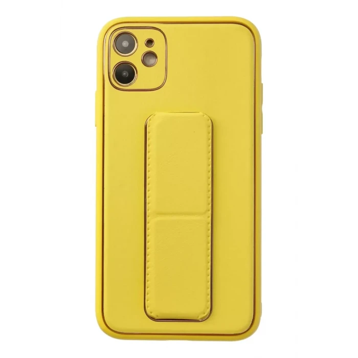Newface Apple iPhone 12 Kılıf Coco Deri Standlı Kapak - Sarı
