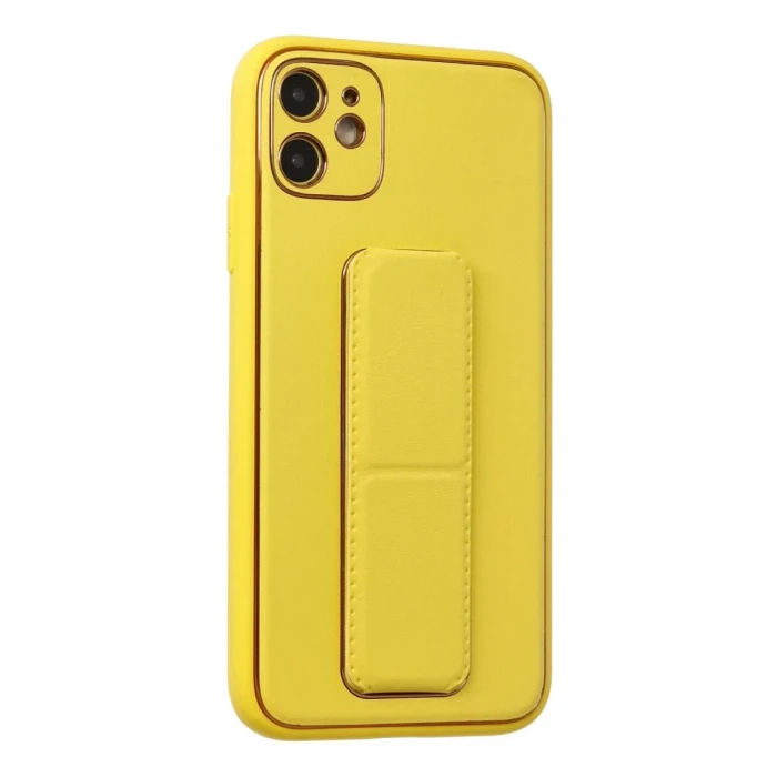 Newface Apple iPhone 12 Kılıf Coco Deri Standlı Kapak - Sarı