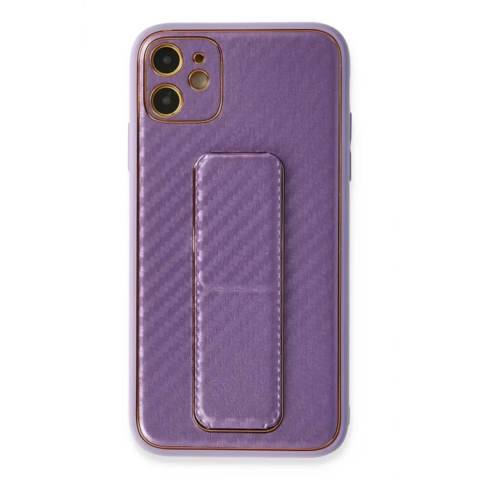 Newface Apple iPhone 12 Kılıf Coco Karbon Standlı Kapak - Mor