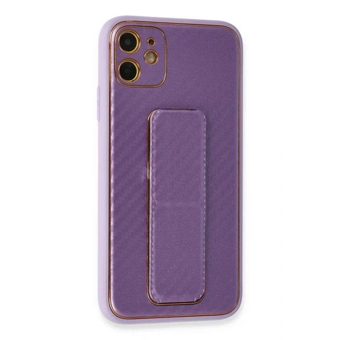 Newface Apple iPhone 12 Kılıf Coco Karbon Standlı Kapak - Mor