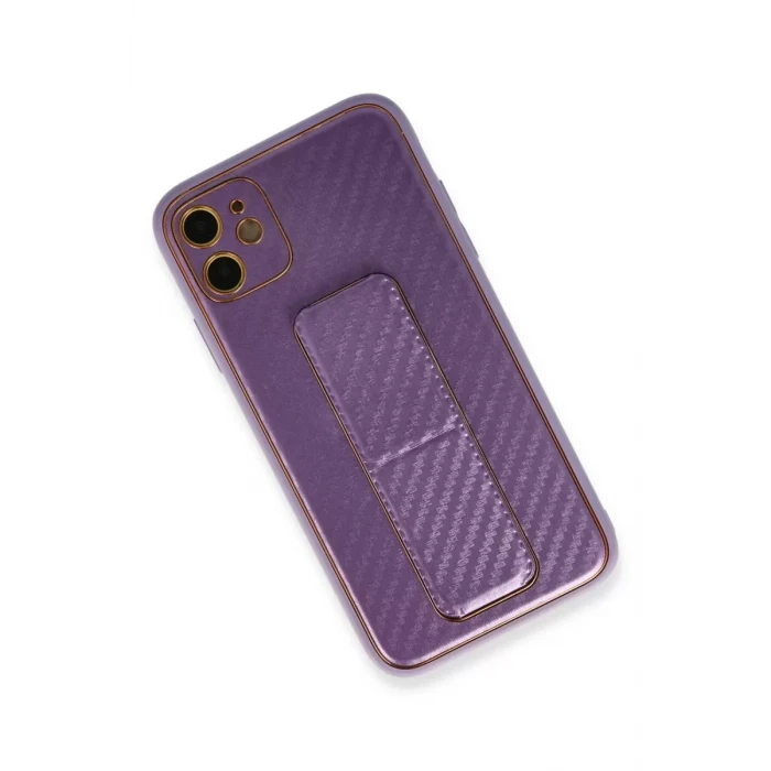 Newface Apple iPhone 12 Kılıf Coco Karbon Standlı Kapak - Mor