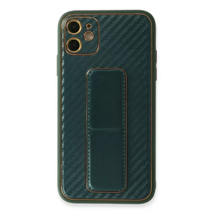 Newface Apple iPhone 12 Kılıf Coco Karbon Standlı Kapak - Yeşil