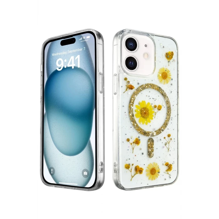 Newface Apple iPhone 12 Kılıf Daisy Simli Magsafe Kapak - Gold