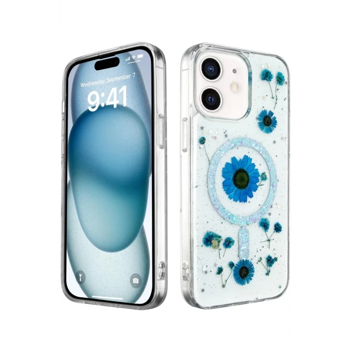Newface Apple iPhone 12 Kılıf Daisy Simli Magsafe Kapak - Mavi